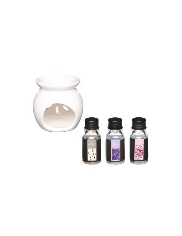 Brûle-parfum en céramique blanche et 3 huiles parfumées florales - Atmosphera