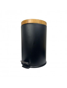 Poubelle ronde en métal noir avec couvercles en bambou.